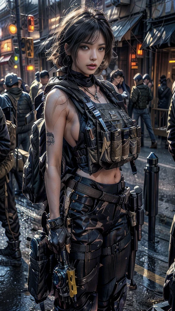 (Realistic photos:1.3, 16k, highest quality, masterpiece, Ultra-high resolution), Perfect dynamic composition:1.2, Very detailedな肌と顔の質感:1.2, , (Covered in scars:1.0, war:1.0, battlefield:1.0, warの世界:1.0, Increase the disruptive element:1.0, rubble:1.0, Innovative Configuration:1.0), Professional camera work, Action pose:1.0, Very detailed, Beautiful Japanese women serving in the US military, (Automatic rifle:0.5, Bulletproof vest:0.5, Torn clothes:1.0, Backpack:0.5, boots), Incredibly slim body, Fair skin, Very beautiful face, Stern expression, Shapely breasts, Chest gap, (Big eyes that exude beautiful eroticism, Lips that exude beautiful eroticism), Cowboy Shot, necklace, Earrings, bracelet