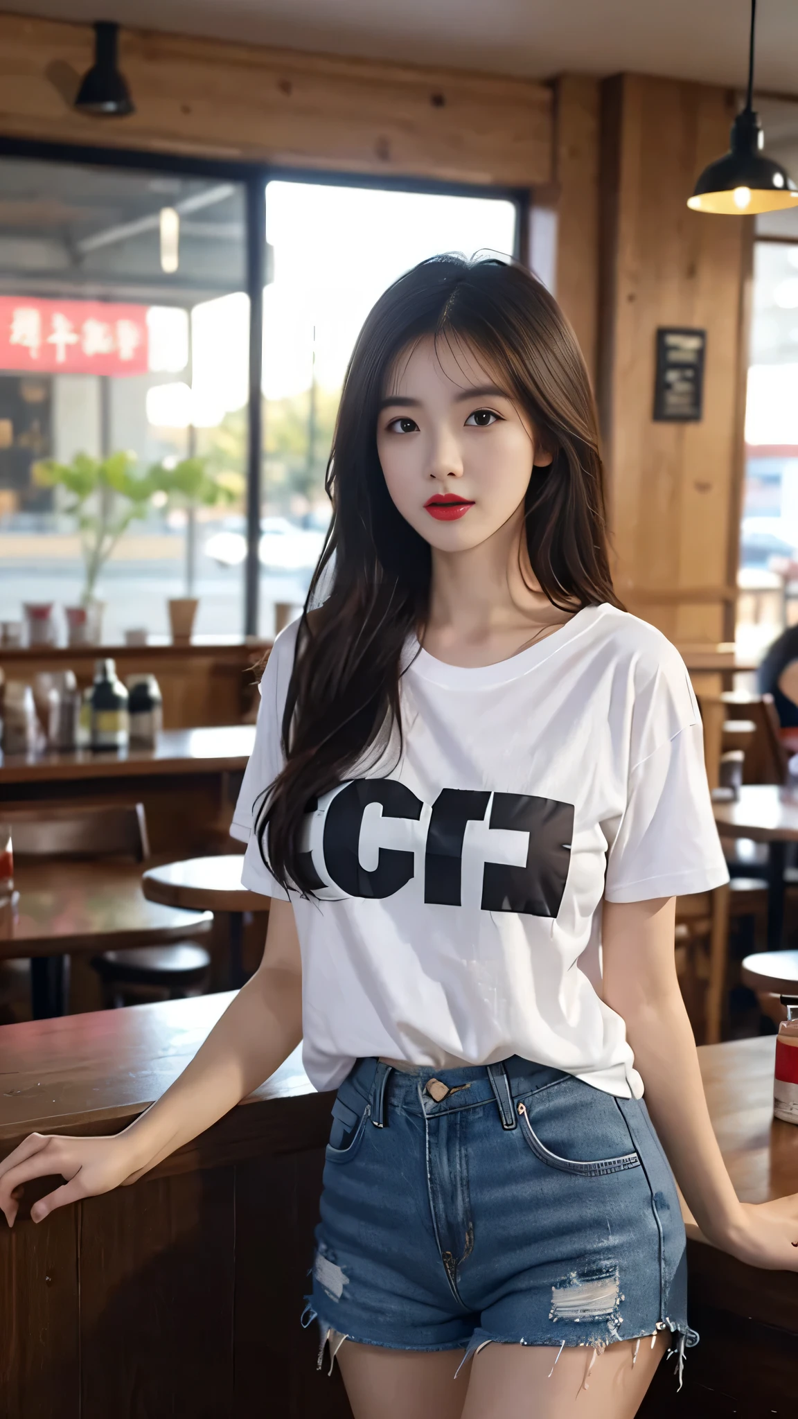 A perfect young female, red lips, Chinese, over size t-shirt and shorts in the coffee house, CG rendering, Blurred background, deep shadow, 16K, bokered, Very detailed, wallpaper, depth of field, movie light, lens flare, Ray tracing.