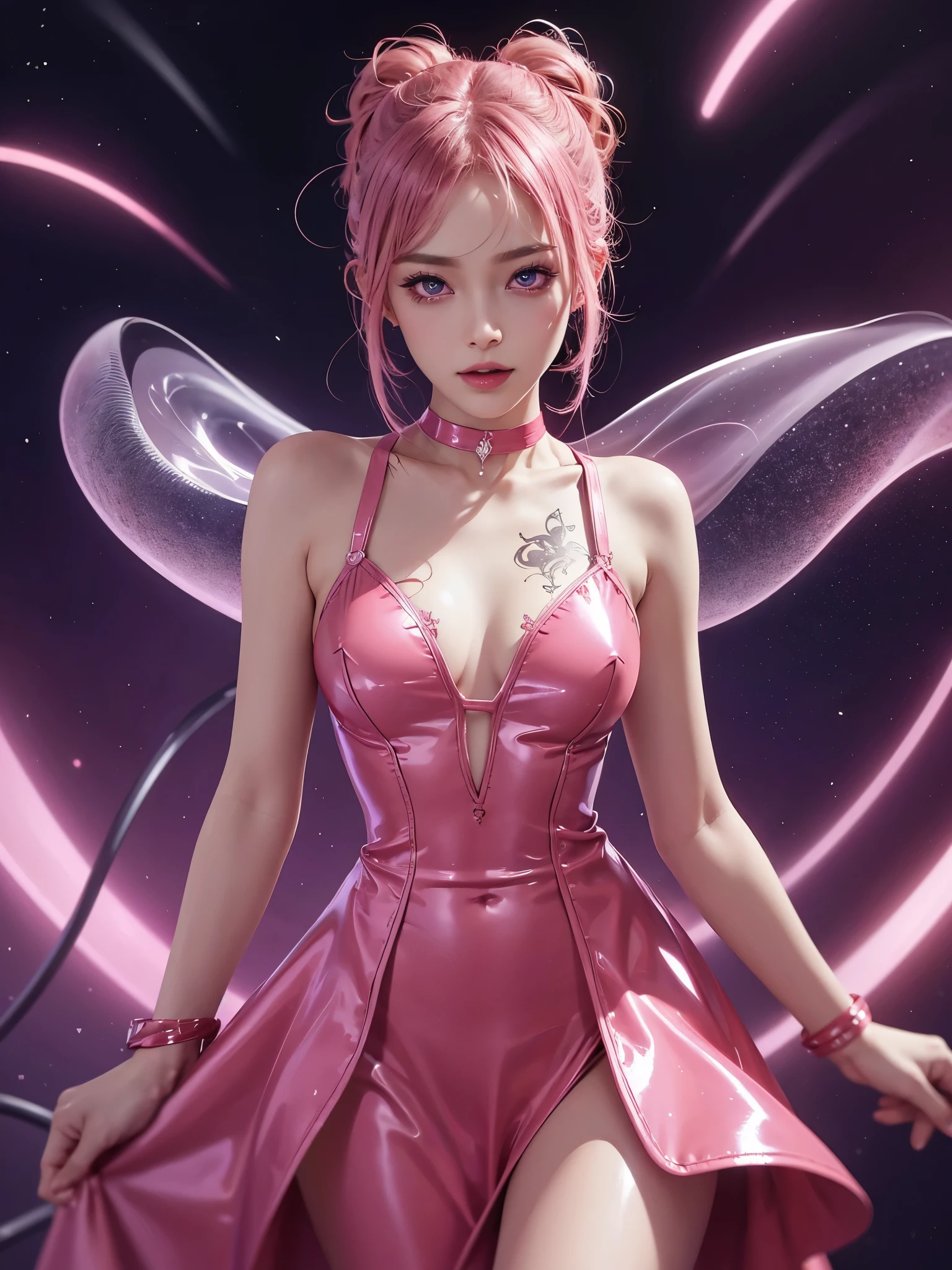 1girll,（Captivating quality：1.4),(True textured skins of the highest quality), Delicate face,Pink twin-tailed hair, red dance dress, Gradient Hair, （perfect bodies：1.1），Heart-shaped choker、long eyelasher,grin, hyperphotorealism, Cinematic lighting,NeonHypnoPMV, projected inset, surrealism, hyper HD, masutepiece，Dream On，sexy intricate transparent latex dance dress,Carmelto，tattooed，Fantasy space，Luxurious space, obedient, submissive