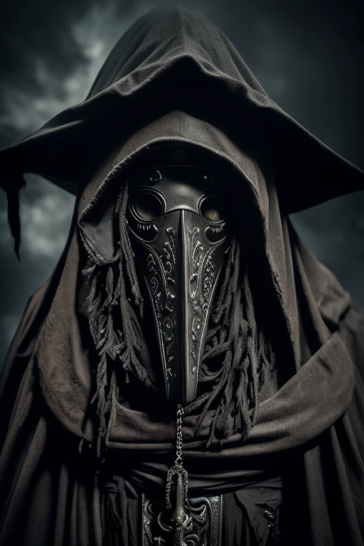 "(best quality,highres,realistic:1.37),detailed depiction of a black plague doctor in the form of a demonic woman,Fine art derived from medieval illustrations,ominous atmosphere,creepy vibe,dark and moody lighting,hauntingly beautiful,wisps of smoke,sharp focus,intense gaze,piercing eyes,sinister smile,mysterious and eerie,cloaked figure,pointy beak mask,feathered hat,tattered robe,clawed hands,ornate and intricate details,creepy and distorted facial features,dark and desolate background,ominous shadows,sepia-toned color palette,exquisite horror photography"