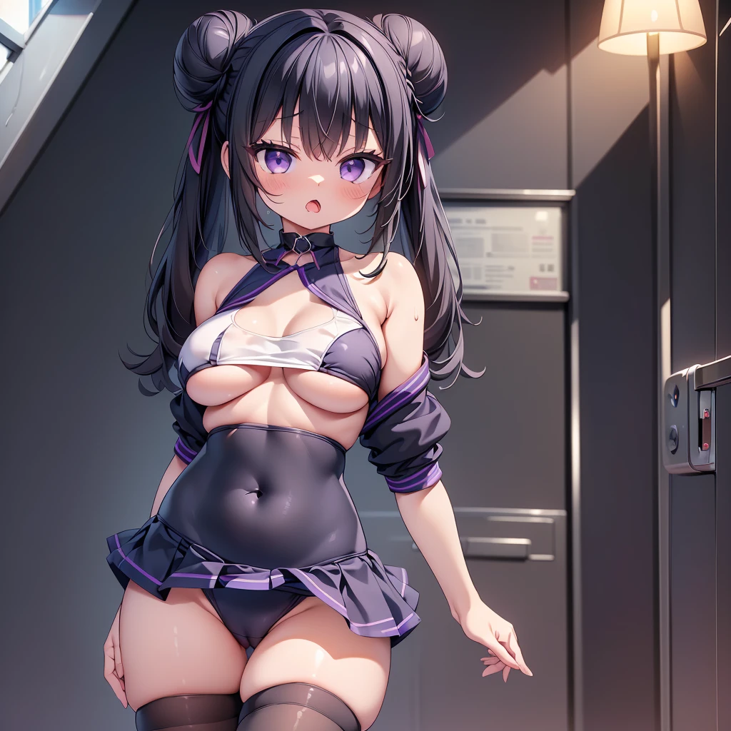 highest quality,wonderful,finely,extremely detailed CG Unity 8K wallpaper, (1 Girl,Black Hair, Purple Eyes, double bun), (midium breasts:1.2), (school swimsuit:1.1), (Bare shoulders:1.1), (clavicle:1.1), (Underboob:1.3), (open mouth:1.2), (long tongue:1.2), (mouth drool:1.2), (zettai ryouiki:1.2),(Waistline:1.2), (Are standing:1.2)