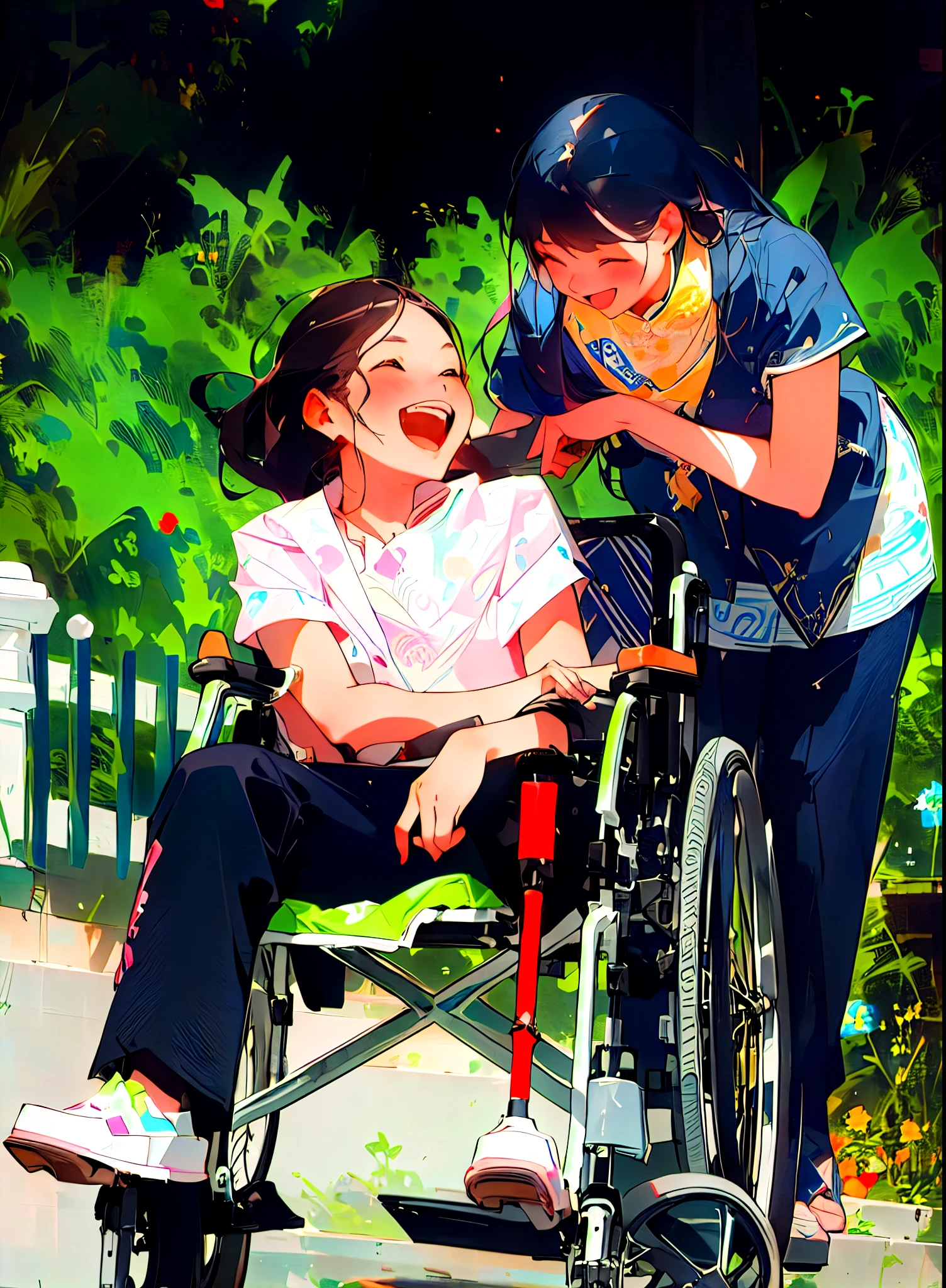 there is a woman pushing a girl in a wheelchair down the street, Heartwarming, sitting in a wheelchair, Incredibly beautiful, having fun, By Wen Boren, Have a great time, feng zhu |, , wheelchair, special, comfortable, Still images of happiness, stunning quality, Hot ,, aldult, Extraordinary, Stunning visuals, girl, Beijing