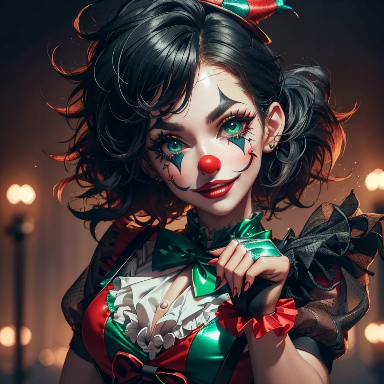 Clown, juggling, jumping, circus, arena, detailed background, wearing (short white shirt), (black pleated mini skirt with suspenders), (fishnet stockings), (clown shoes), extremely detailed illustration, (work -prime: 1.2) , (8K, best quality: 1.2), 8K paper wallpaper, HDR, octane rendering, (messy hair, shiny black hair: 1.4), (detailed glowing green eyes: 1.2), ( red lips, smile, teeth), (perfectly proportioned face, sharp details), (contoured skin shape, perfect composition, correct and smooth texture, high details), cinematic lighting, vivid colors, (high resolution: 1, 2), (ultra-detailed), Depth of field.