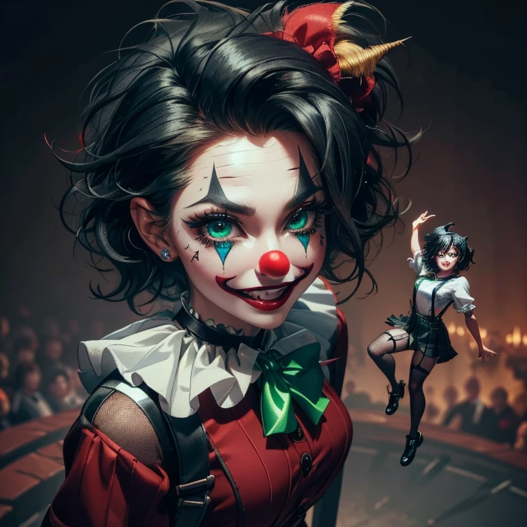 Clown, juggling, jumping, circus, arena, detailed background, wearing (short white shirt), (black pleated mini skirt with suspenders), (fishnet stockings), (clown shoes), extremely detailed illustration, (work -prime: 1.2) , (8K, best quality: 1.2), 8K paper wallpaper, HDR, octane rendering, (messy hair, shiny black hair: 1.4), (detailed glowing green eyes: 1.2), ( red lips, smile, teeth), (perfectly proportioned face, sharp details), (contoured skin shape, perfect composition, correct and smooth texture, high details), cinematic lighting, vivid colors, (high resolution: 1, 2), (ultra-detailed), Depth of field.