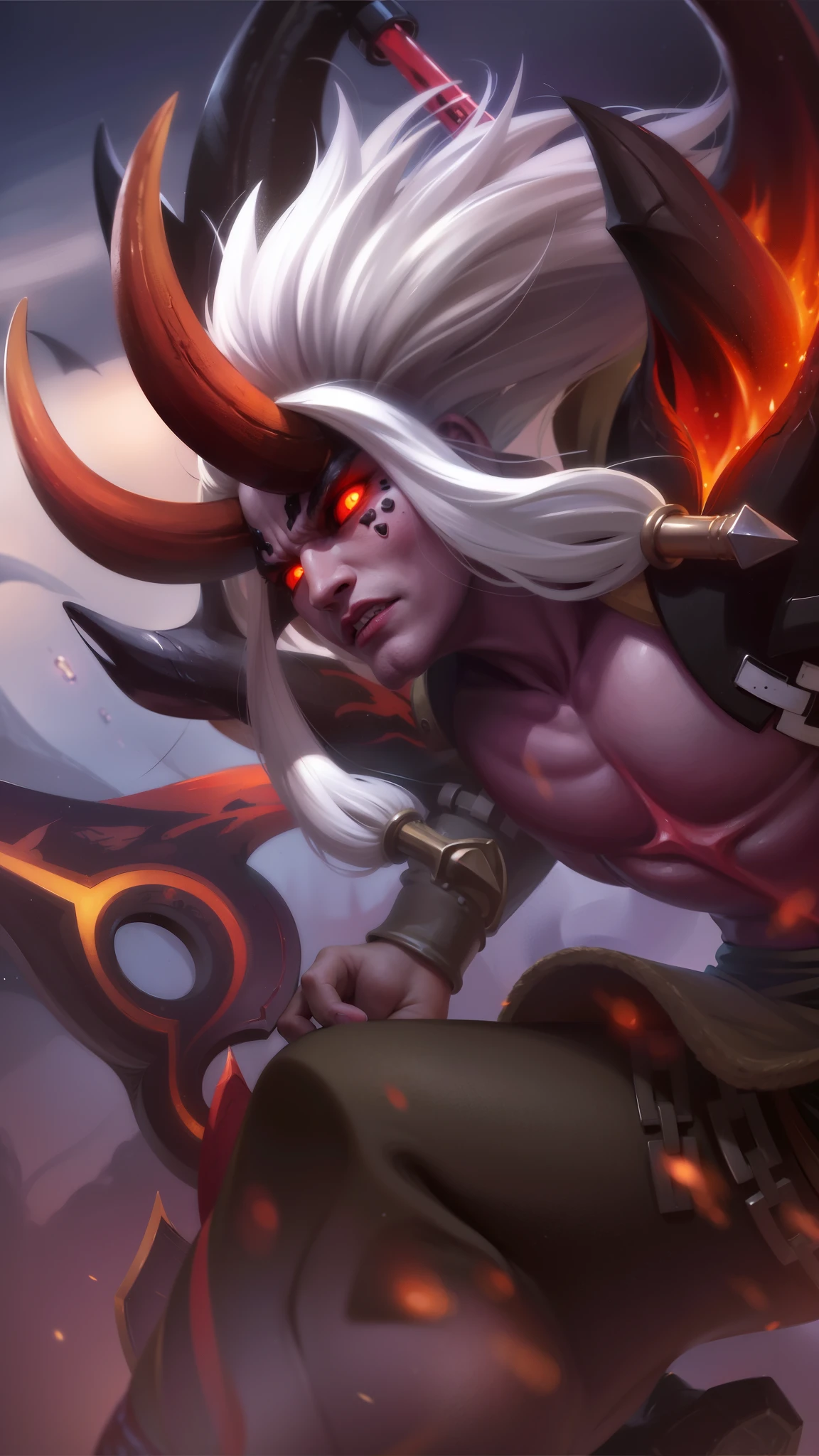 a man with a horned head and a sword, Masterpiece, ultra HD, detailed all picture, a close up of a devil, dyrroth from mobile legend, evil, extremely detailed artgerm, mobile legends character, inspired by Dyrroth, Six pack chest and abs, black jewel above the chest, light red eyes, glare.