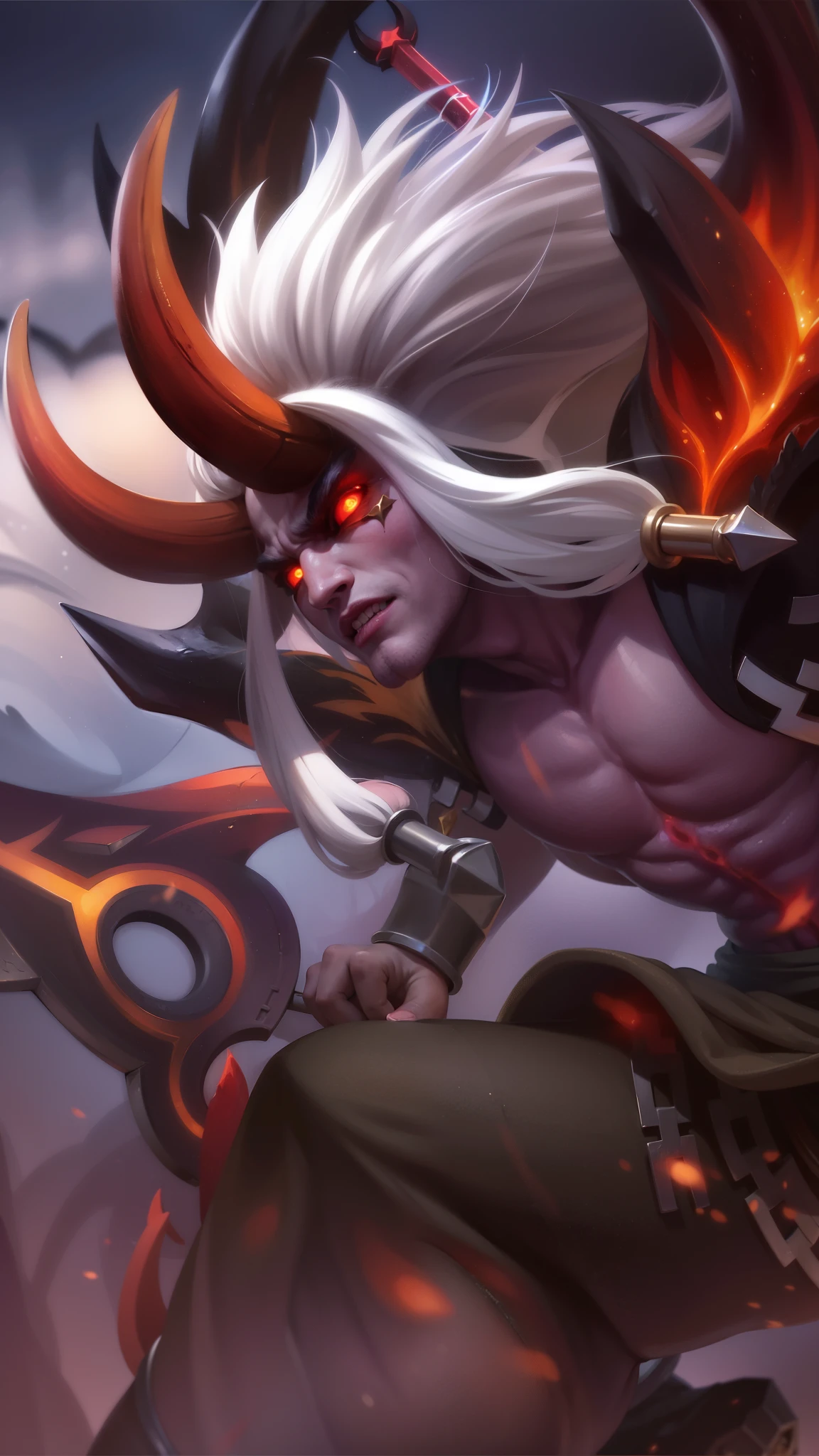 a man with a horned head and a sword, Masterpiece, ultra HD, detailed all picture, a close up of a devil, dyrroth from mobile legend, evil, extremely detailed artgerm, mobile legends character, inspired by Dyrroth, Six pack chest and abs, black jewel above the chest, light red eyes, glare.