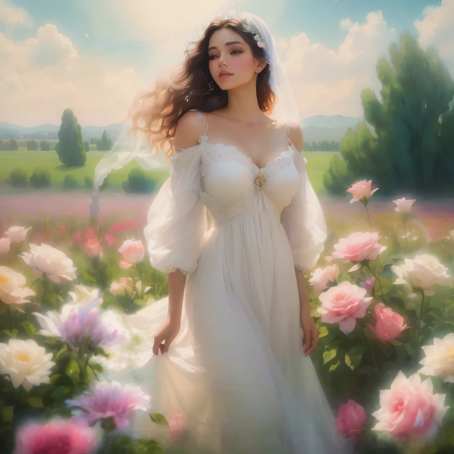 Mujer arafed con un vestido blanco parada en un campo de rosas., persephone in spring, una diosa en un campo de flores, Ethereal beauty, pintura digital elegante, preciosa pintura digital, hermosa pintura digital, hermoso arte UHD 4K, dream art, hermosa obra de arte digital, dreamy and ethereal, diosa de las flores, Incredibly ethereal, impresionante pintura digital