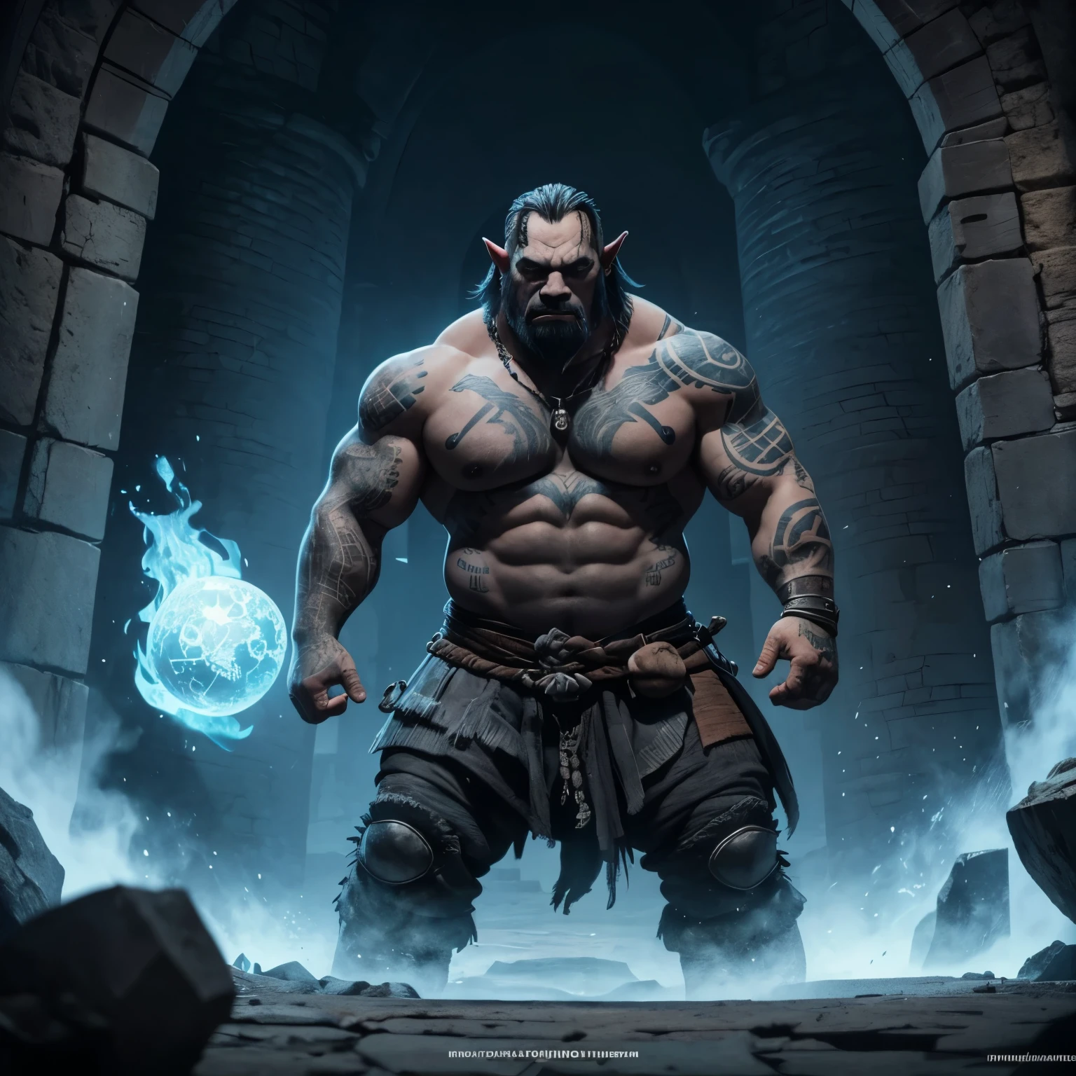 Fais moi un demi-orc gris blue dans le monde de donjon et dragon avec un tatouage d'ours sur le cou en full body
