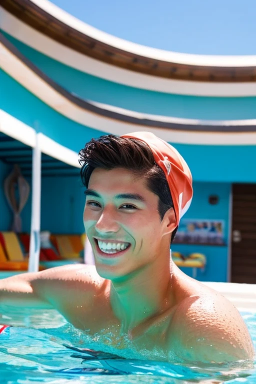 male Age 21 handsome swimwear front view water polo from bottom sea 真剣 smile