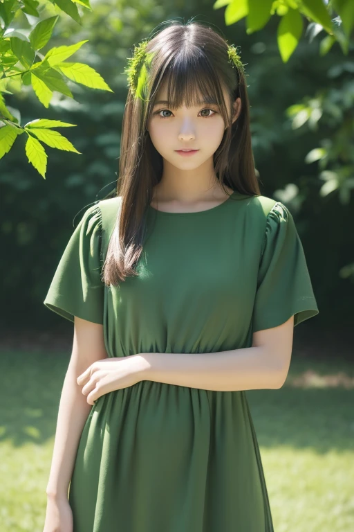 (((Green world:1.3)))、Best Quality, masutepiece, High resolution, (((1girl in))), sixteen years old,(((Eyes are green:1.3)))、Green dress、((Green shirt:1.3、Green Block Dress)), Tindall Effect, Realistic, Shadow Studio,Ultramarine Lighting, dual-tone lighting, (High Detail Skins: 1.2)、Pale colored lighting、Dark lighting、 Digital SLR, Photo, High resolution, 4K, 8K, Background blur,Fade out beautifully、Green world