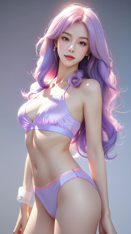 8K Ultra HD、Digital SLR Camera、soft light、high quality、Volumetric Lighting、frank、photo、high resolution、4K、8k、Bokeh,The eyes and face are very detailed,Clear eyes,Delicateeyes, Delicate lips, Show a sexy smile, Pretty Face,Oval face, Create stunning girl images, warm color, Very high color saturation,The legs look very long from the front,dynamic poses,Normal standing posture,Chinese female martial arts models,Golden Ratio, Minimalism,Transparent and visible skin, Candy Pink Outfit,Sheer silk shirt,Transparent underwear,Purple Platinum Hair、curls,Invisible cyberpunk hairstyle,Cleavage、Exposed breasts、sexy、very detailed breasts, d cup size,black background