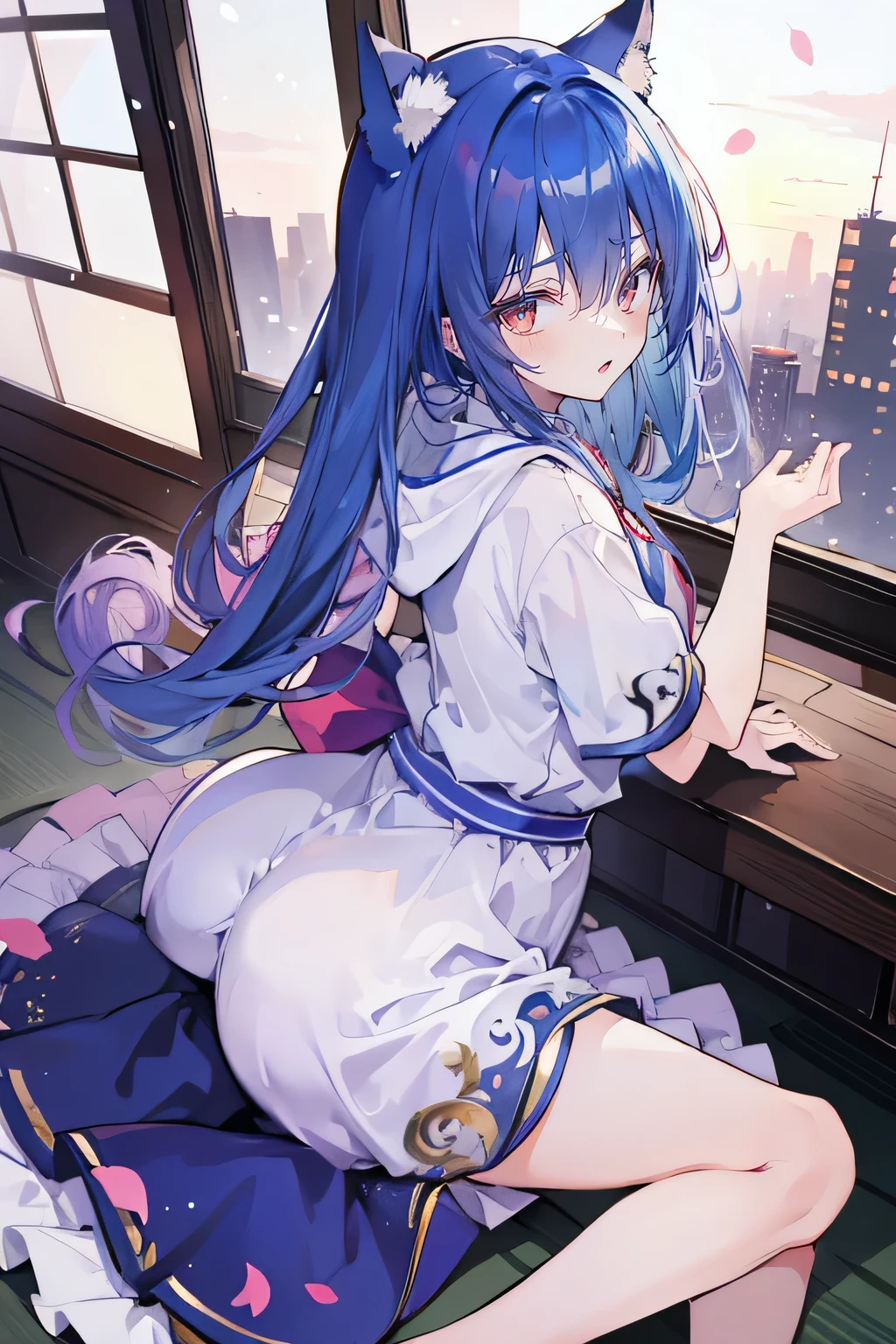 （masterpiece：1.2），Super detailed，lifelike，Expressive eyes，fair skin，perfect face shape，1 girl，
Japanese comics,Gorgeous blue hair,flowing blue hair,flowing clothes,Cat ears,Petals fall,beautiful lola,Baby Angel,sunrise,
Shaking head with one hand，Cross your legs，Gentle and peaceful background，The pavilion is cool and comfortable,smile, wearing hoodie, background of tokyo,back views,snowing, winter.