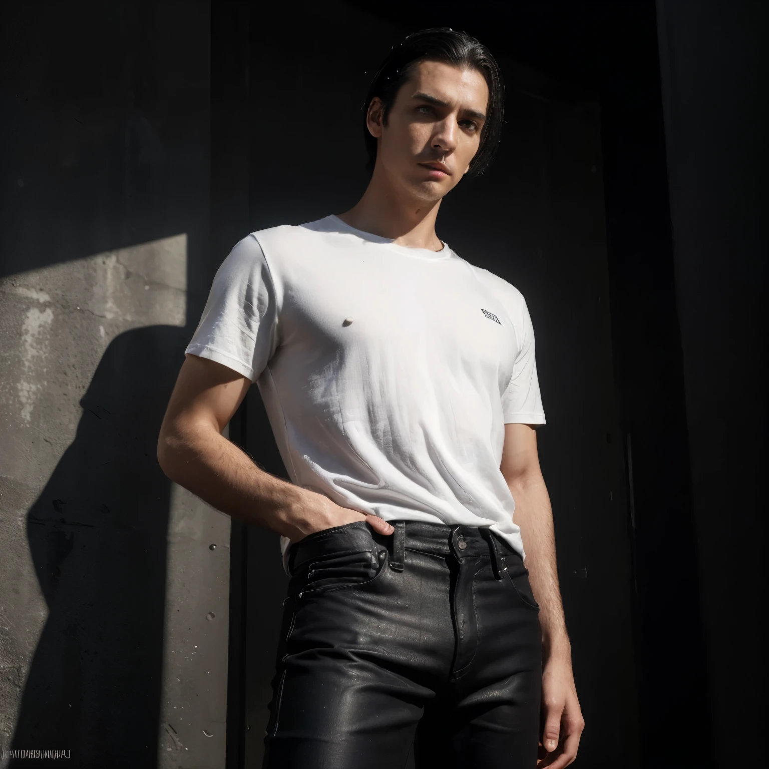 (best quality,4k,8k,highres,masterpiece:1.2),ultra-detailed,(realistic,photorealistic,photo-realistic:1.37),white skin,black hair,thin,tall,black shirt,vintage pants,sharp focus,stark lighting,noir style,vivid colors boy