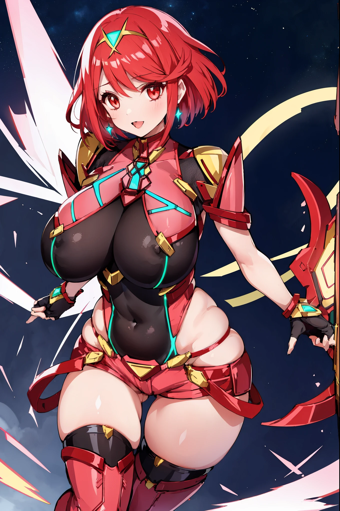 pyra \(xenoblade\), teen_1girl, armor, bangs, black gloves, breasts, red eyes, closed mouth, earrings, eyelashes, fingerless gloves, floating hair, framed breasts, gem, gloves, hair ornament, headpiece, jewelry, big_breasts, leaning back, leotard, neon trim, official art, pose, red hair, red shorts, saitou masatsugu, short hair, short shorts, short sleeves, shorts, sidelocks, skin tight, solo, standing, swept bangs, thighhighs, tiara, night_prairie_background, turtleneck, underbust, vambraces, xenoblade chronicles \(series\), (xenoblade chronicles 2), apart_legs, fire_effect,dynamic_pose_fighting,light_smile, (plump:1.1), big_ass,huge_sword, hold_large_sword_hilt, solo, covered_nipples, covered_pussy,open_mouth,back_view,