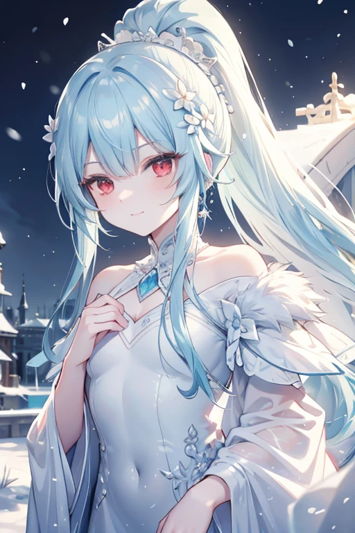[[[ ultra-detailed, best quality, soft skin, beautiful, 4K]]] high definition, cyan hair, silky hair, red eyes, long hair, ponytail, royal clothes, fit body, snowy palace, white flower hairpin, princess, smirking