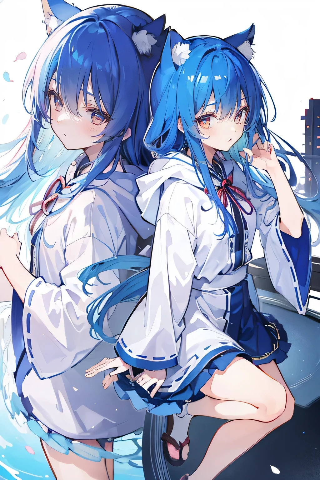 (masterpiece:1.2),Super detailed,lifelike,Expressive eyes,fair skin,perfect face shape,1 girl,
Japanese comics,Gorgeous blue hair,flowing blue hair,flowing clothes,Cat ears,Petals fall,beautiful lola,Baby Angel,sunrise,
Shaking head with one hand,Cross your legs,Gentle and peaceful background,The pavilion is cool and comfortable,smile, wearing hoodie, background of tokyo,back views,snowing, winter.