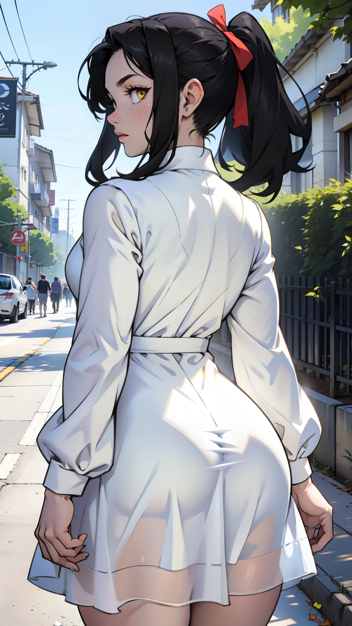 sundress long sleeve white dress girl muscular thick black hair yellow eyes pale skin from behind