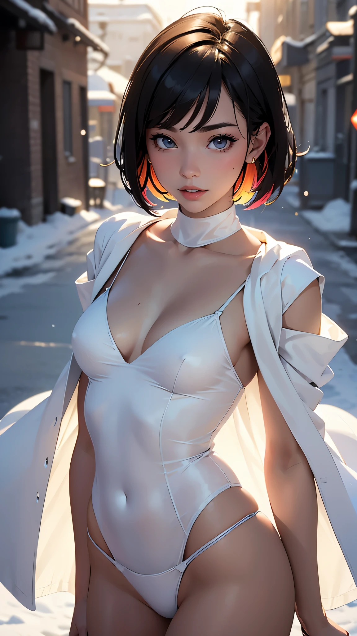 one sexy girl, supermodel, pale skin, short hair, bangs, prefect face, makeup, white panties, small breasts,perfect face, long and slender body, long legs, cleavage, open coat, T-shirt, looking at viewer, winter day, snow, soft lighting, film grain, from above, upper body, (colorful), (detailed) dramatic angle, unique perspective, unique angle, wide angle, cinematic lighting, volumetric lighting, chest out, shoulders back, butt lifted, sun rays, morning light, shadow, rim light,ASU1,SAM YANG,nyantcha style,light,sks,xiala,Anitoon2