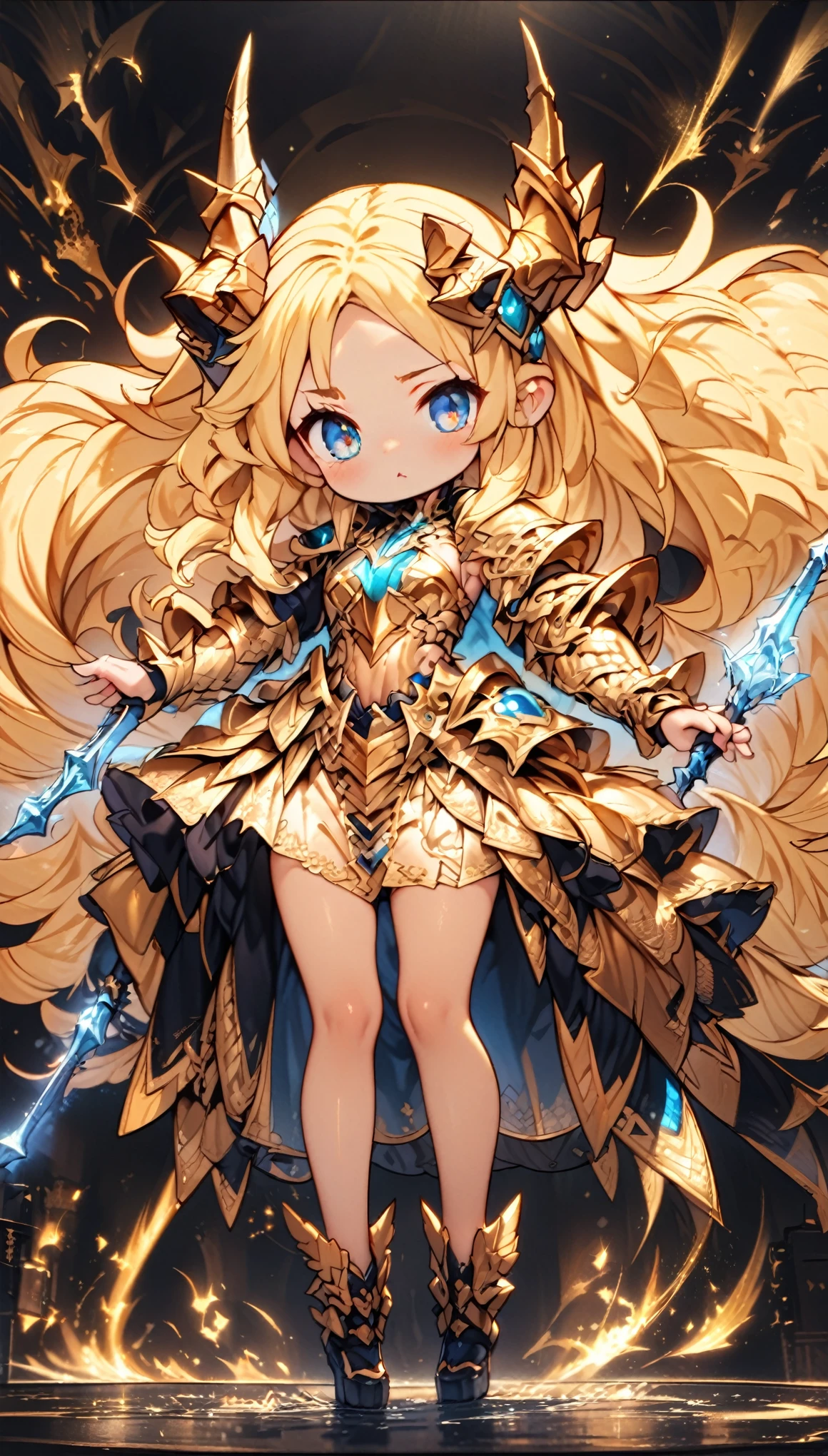 masterpiece, Best Quality, Very detailed, High resolution, Japanese anime、1girl, Blonde Hair、（Medium length hair：1.4）、Side braid hair, Curly Hair, Wavy Hair、, Drill Hair, Curly Outward Hair, Dragon Horn、（blue eyes：1.5）、（Beautiful detailed eyes：1.4）、Laughter、12 years old、3 heads, original character, Fantasy、（Black Background：1.2）、(full body:1.8)、Beautiful fingers, Are standing、（Gold Lace Frill Armor Dress：1.5）、（Jeweled Headgear：1.5）、Photographed from the front, View your viewers