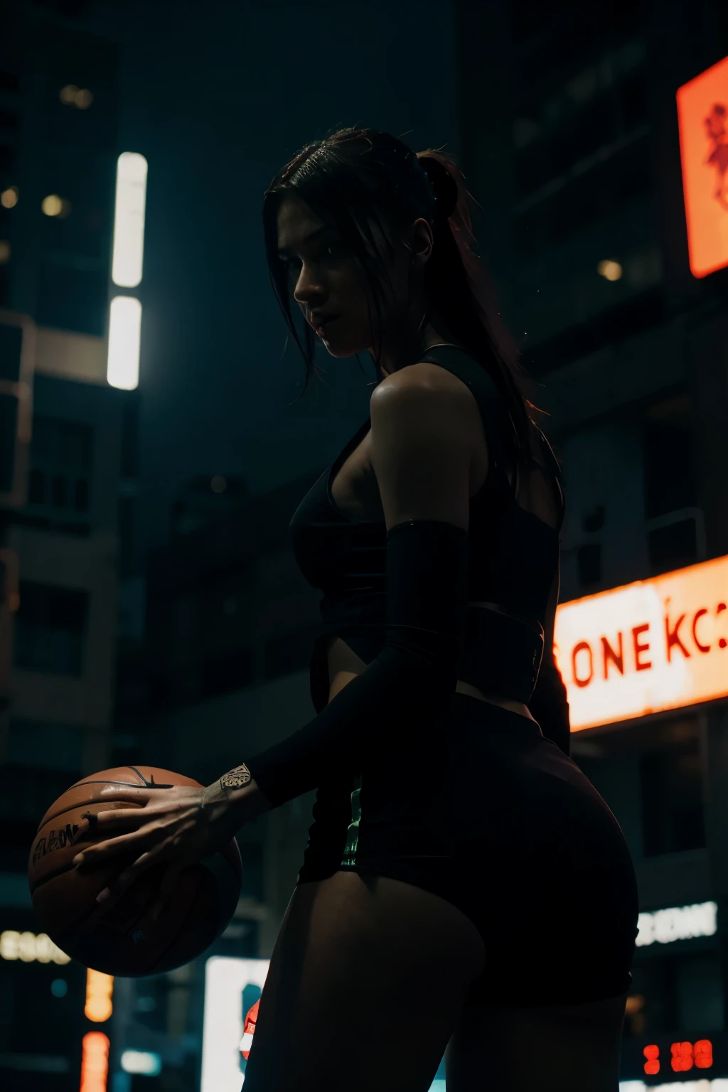 cyberpunk  at night playing basketball
