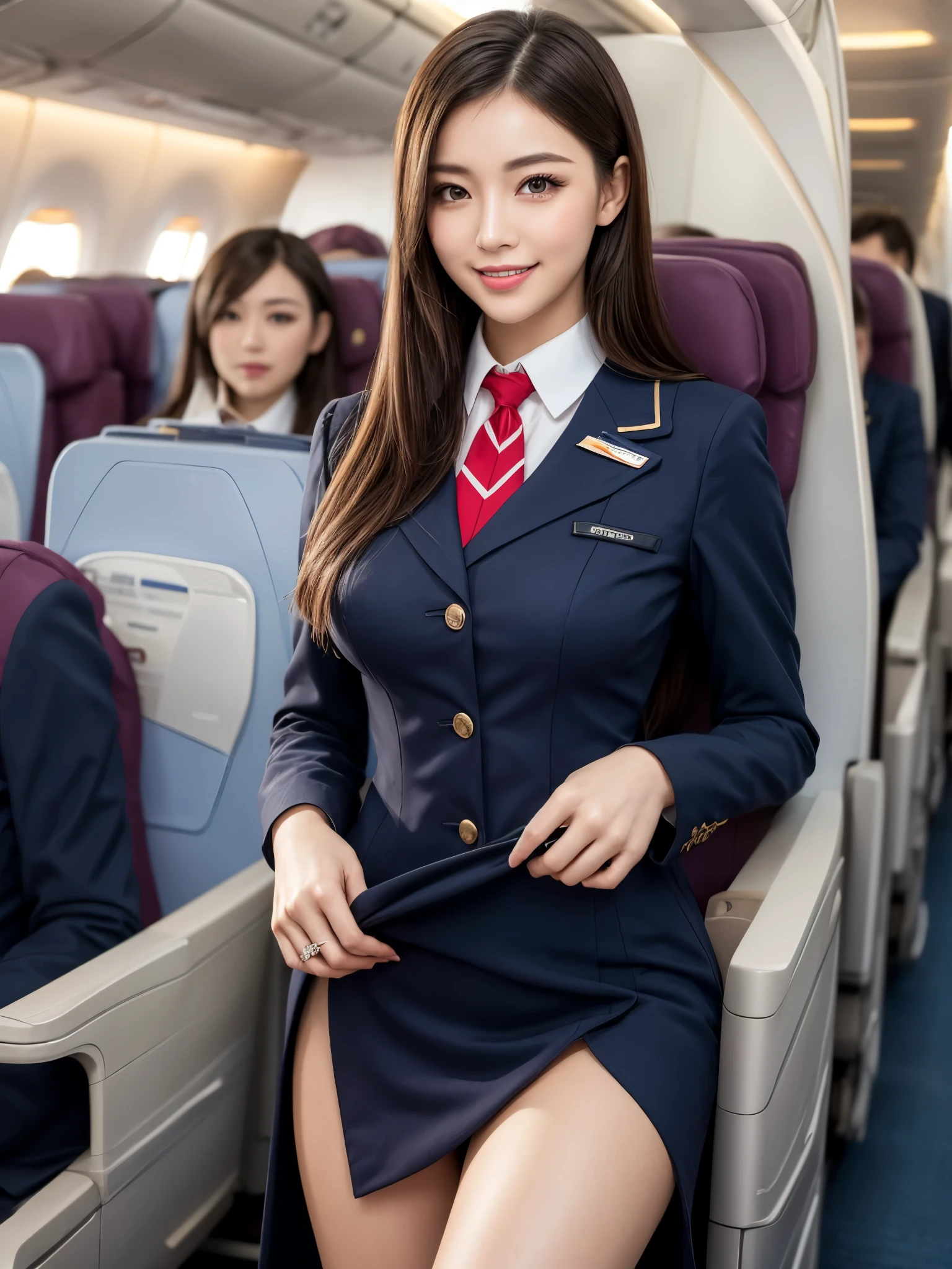1womanl, 19 years、hyperdetailed face、Detailed lips、A detailed eye、double eyelid、Brunette Bob Hair、Smiling as you walk slowly down the aisle、(Stewardess uniform:1.2)、(Glamorous body)、(huge tit)、perfect hand, Perfect fingers, thighs thighs thighs thighs, Perfect fit, perfect bodies, face perfect, Perfect image realism, Background with: (Business Class aisle on airplanes:1.2), Cowboy Shot, Meticulous background, detailed costume, Perfect litthing、Hyper-Realism、(Photorealsitic:1.4)、8K maximum resolution, (masterpiece), ighly detailed, Professional
