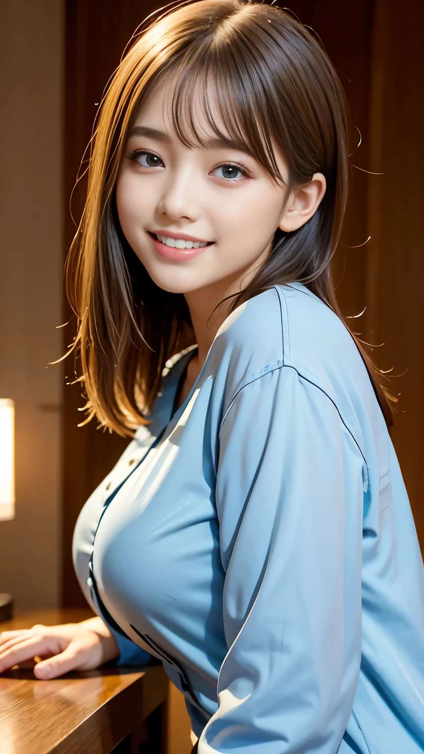 highest quality, shape, Very detailed, finely, High resolution, 8k wallpaper, 完璧なダイナミックな構shape, Beautiful Skin, (Big eyes), Beautiful 20 year old girl, Natural color lip, (Sexy pose), Center of chest, smile, Very detailedな顔と肌の質感, Fine grain, double eyelid,Laughing with loose teeth, close, From behind, Long blonde hair, (Blue blouse:1.2), sunset