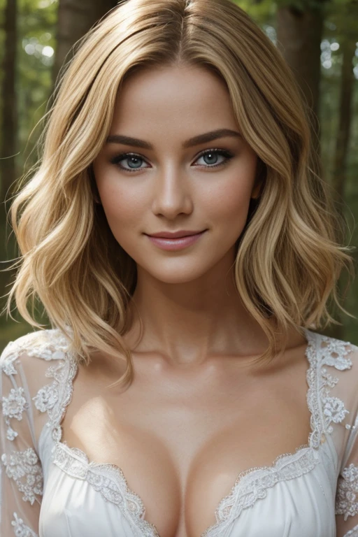 , 25 ans, delicate, poudre de contour, sexy, robe de mariée, intricate details, French touch, cheveux de longueur moyenne, cheveux blonds, yeux bleus, sourire romantique, seductive look, bonne couverture, de nuit, éclairée par les flashes des photographes, skin details, pores de la peau, sexy, Samsung S22 Ultra digital camera, dans une foret humide