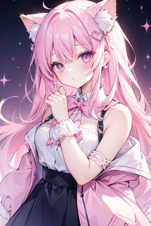 Cat with pink ribbon、Pink Hair、Pink eyes、Pink clothes、Gamer、headphone、Sparkle Effect