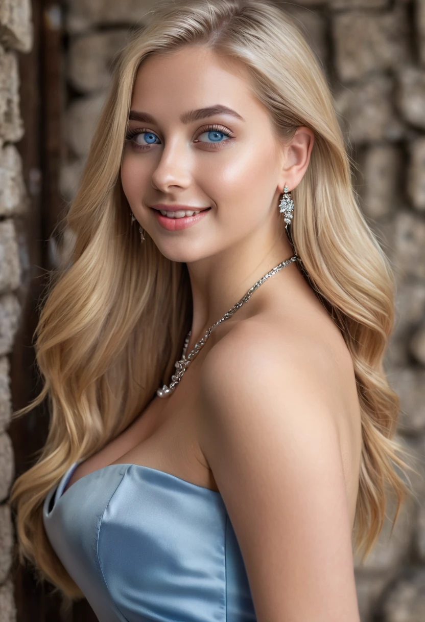 hyperrealistic beautiful busty 18-year-old women in tight shiny strapless minidress, model shooting full body photography, view from behind, natural blonde very long straight hair, dark eye makeup with eyeliner, seductive smile, small necklace and earrings, 8K, best quality, Meisterwerk, ultra high resolution, (Realismus: 1.4), Originalfoto, (realistische Hautstruktur: 1.3), (Filmkorn: 1.3), (Selfie-Winkel), 1 girl, Beautiful round blue eyes and facial details, Meisterwerk, best quality, in front of a collapsing wall