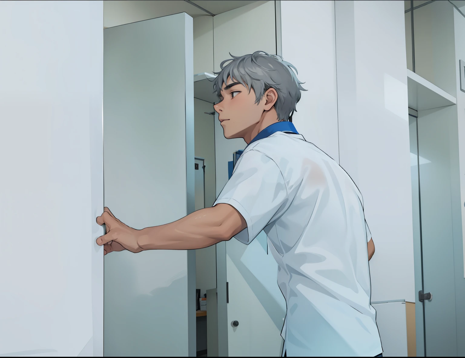 young 16 year old man is looking for someone in that classroom white shirt gray hair