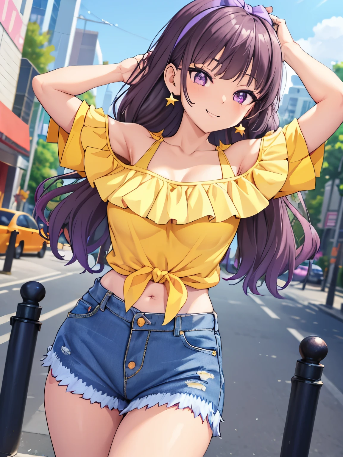 Amanogawa Kist, One girl, alone, Purple hair band, Star earrings, Yellow Shirt, Exposing shoulders, Off-the-shoulder denim hot pants、 smile, View your viewers, Cowboy Shot, Are standing, 
street、belly button、Thighs、Big Breasts、arms up, 