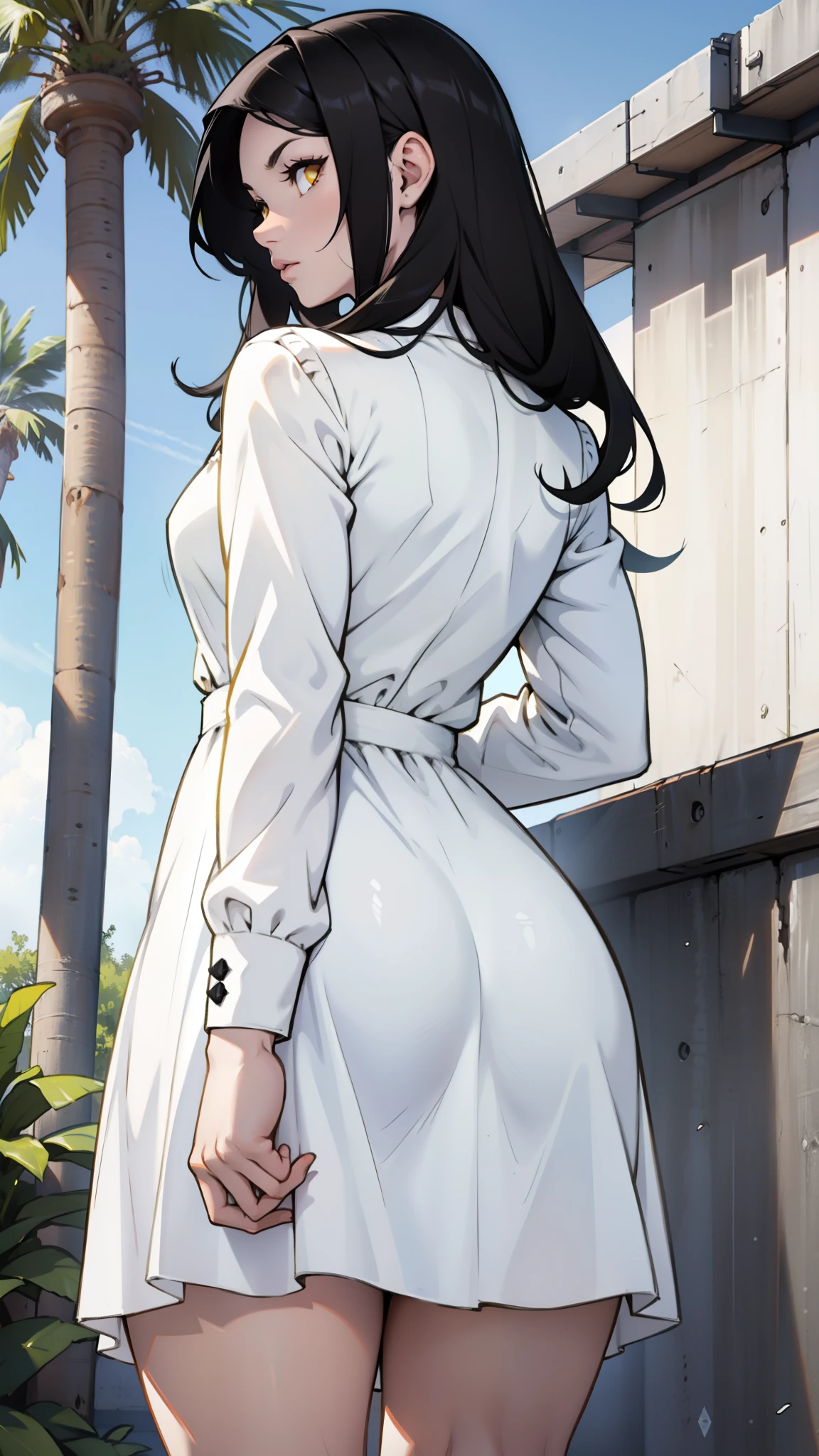 sundress long sleeve white dress girl muscular thick black hair yellow eyes pale skin from behind