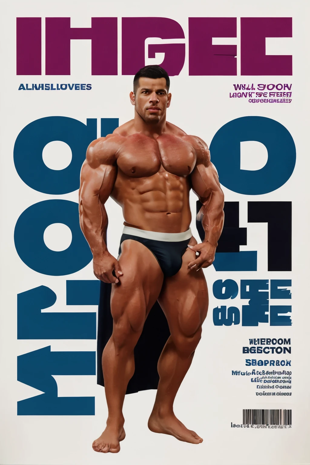 (magazine cover), with text, solo, 1boy, (Huge Muscular Old man as a undies ) (short hair, 2tone hair color, two tone hair colors, black and white hair color), pectoral, abnormal muscle size, very big muscle, legs open, absurdly muscle size, huge pectoral, wide pectoral, short white hair, short bearded, simple background, masterpiece, high detailed, 8k, high resolution, --style 250, -- v 6.0