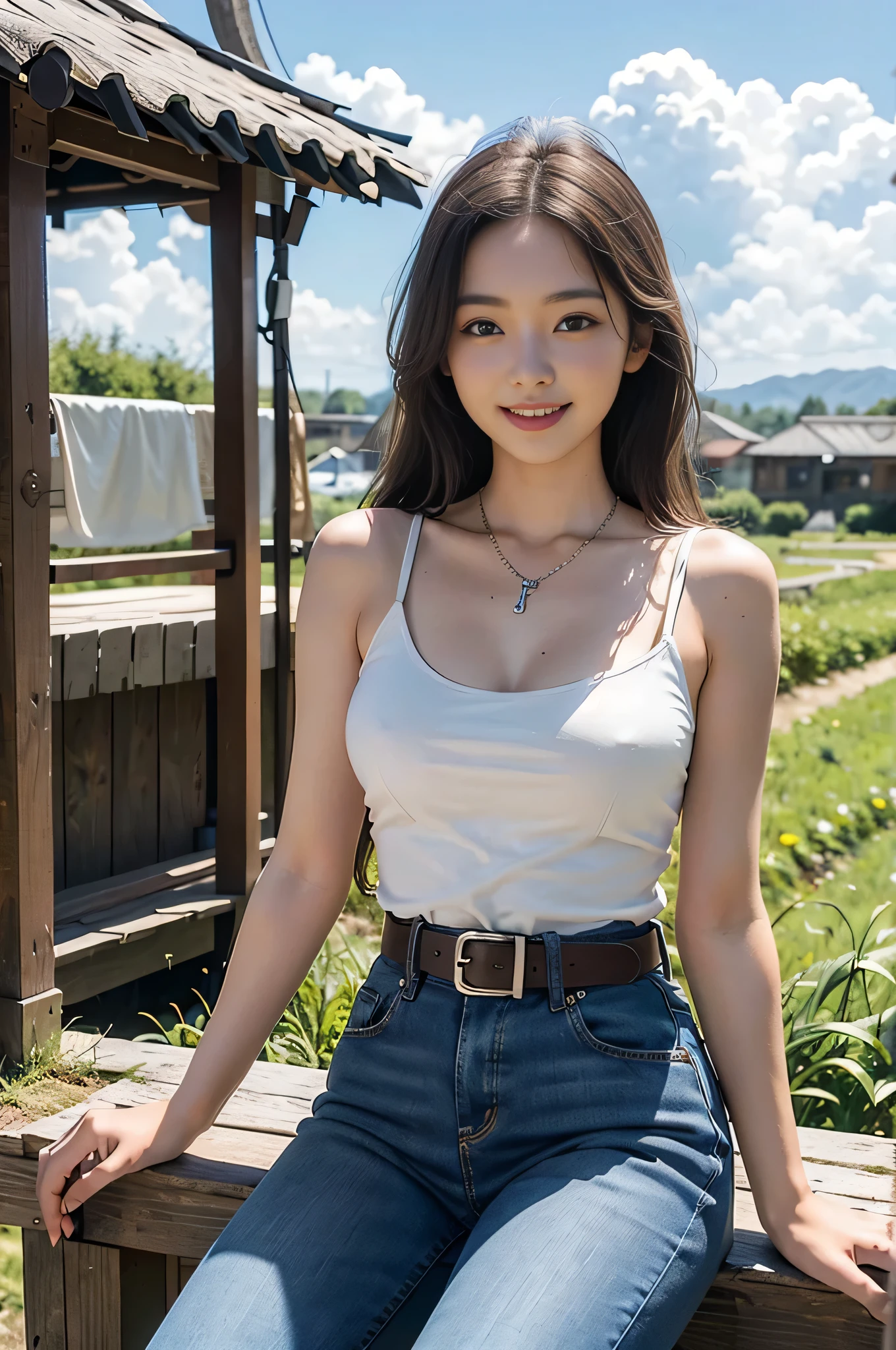 highest quality, Ultra-high resolution, masterpiece, Realistic: 1.8), pore, Accuracy, Wheat field,  Tall and wide, White clouds overhead, denim,big buckle belt、Western Boots、 Ample breasts、White tank top、Silver Necklace、Pale Light, young woman, Semi-long hair、Smiling eyes、smile, Laugh out loud with your mouth open、White teeth、Spread your legs、Stand up straight、 Detailed Description, 23 years old, cute,