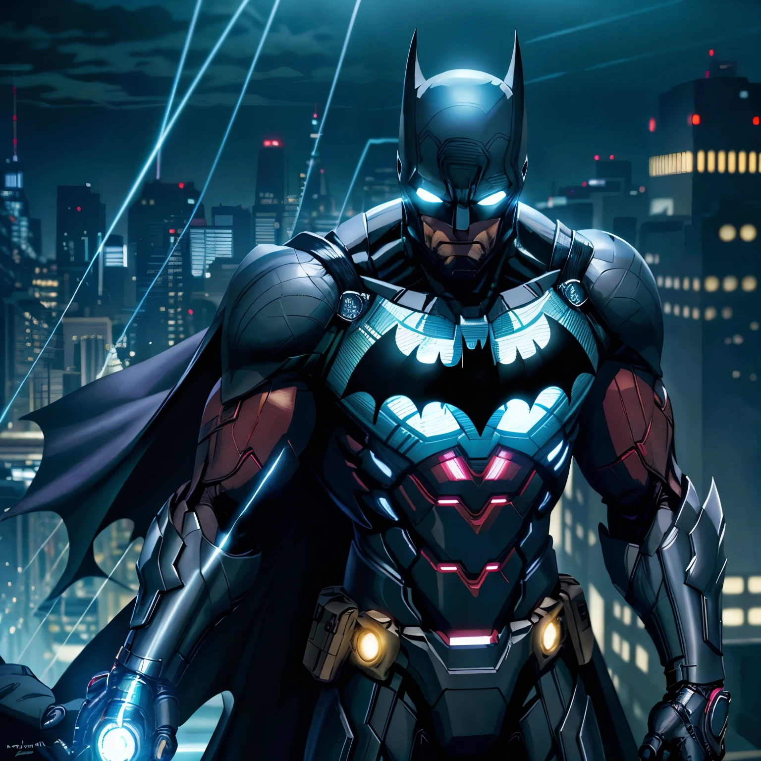 Describe a futuristic Batman suit, modeled after Iron Man's armor. In the dimly lit gotham cityscape, the suit stands out with its glowing accents and sleek, metallic surface. The suit's armor plates are a dark, matte gray, contrasting with the bright, golden repulsor emblems on the chest and hands. The edges of the armor are sharp and defined, reflecting the intricate details of Batman's iconic symbol. The suit's body is streamlined and flexible, allowing for batman's signature acrobatics. The helmet is a seamless integration of technology and tradition, with a bat symbol that glows with