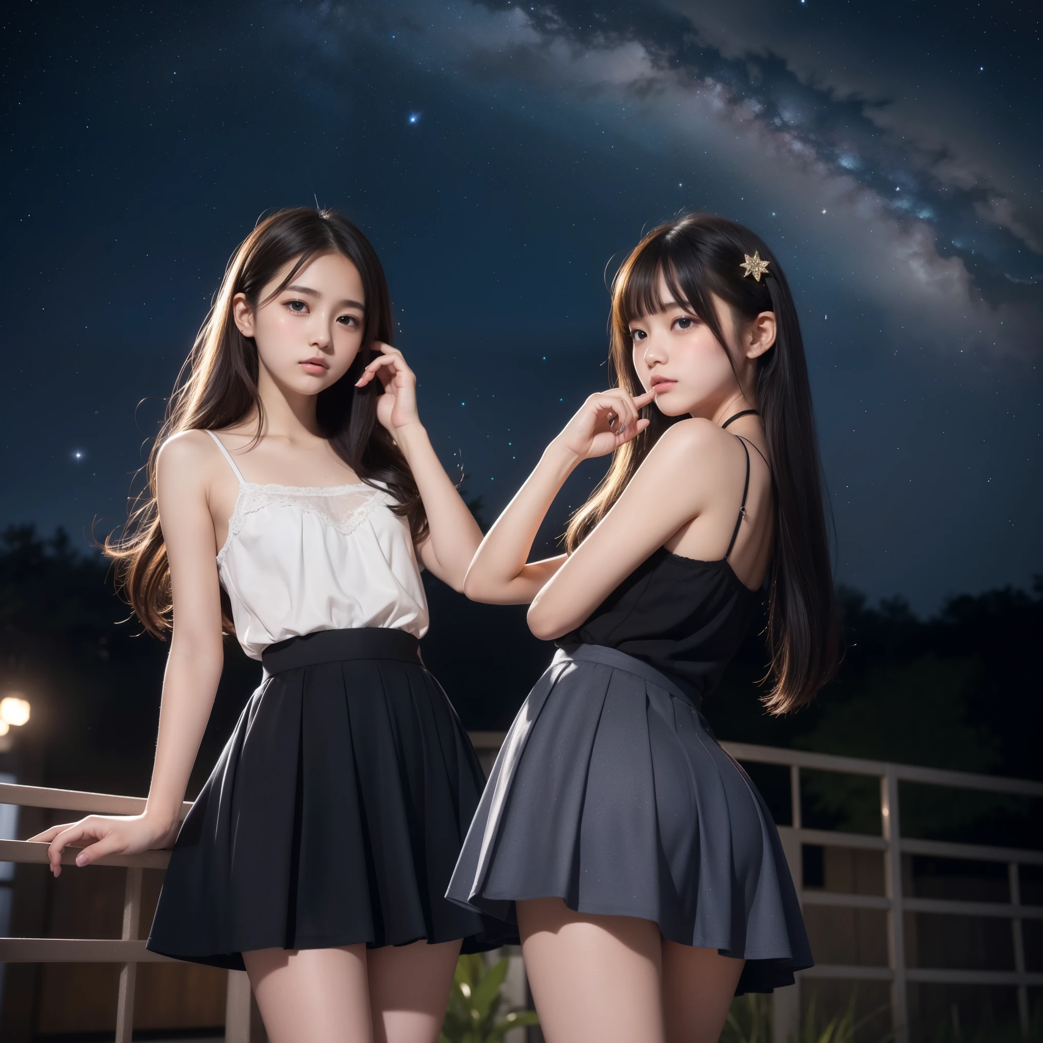 Beautiful images、universe、Fantasy、Shooting start or swarm、age Girl、black eye、Hair length、Starry Sky、Japanese、high school girl、camisole、Fluttering mini skirt、