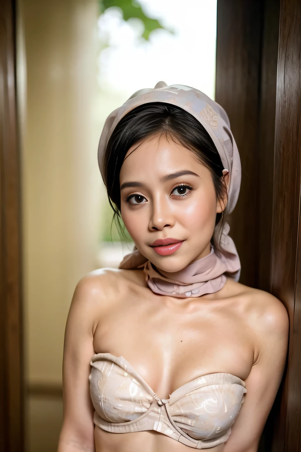 ((thick lips:1.7)), Lace, (Happy smile), (((HIJAB MALAY GIRL))), masutepiece, High quality, UHD 32K, Realistic face, Realistic skin feeling , A Japanese Lady, , , Very cute and baby-like face, (((FLAT CHEST))), (Night time at forest), ((look In front at the camera and SADNESS)), (((FLUORESCENCE))), (((CUTE GIRL))), ((PURPLE & YELLOW LIPS)), ((Floral Pattern)) little wearing strapless bra, strapless colorful bra, dark night horror scary place (from behind up) seductive pose