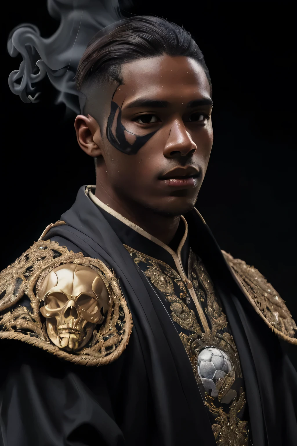 male soccer player standing sideways, black skin, caramel hair, parted hair, parted sideways straight hair, wearing elaborate robe.half-body-shot, masterpiece, perfect face, intricate details, surrounded by black smoke, parted hair, preppy style hair, caramel color hair
