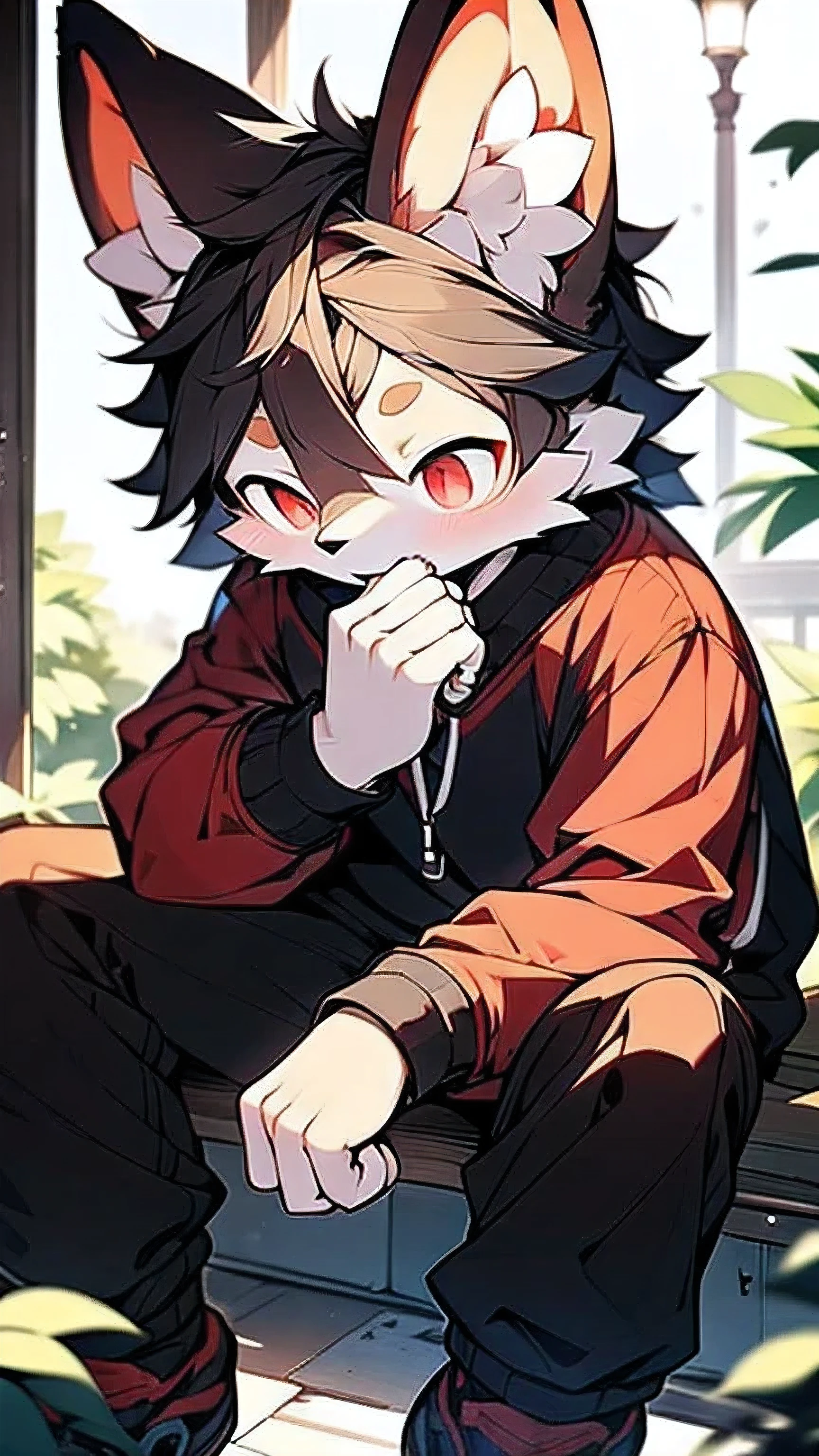 (Extremely detailed, Very realistic, best quality,Fine hair)Sexual desire boy,fluffy，Gray fur，wolf,((Shota)),black hair，Thick hair,Good figure,Handsome,kawaii,Light：无Light,Anti-Light Skin,Reddish skin,((Black sweatshirt,trousers)),((Corner,symptoms)),cloudy day,((detail)),(Depth of Field),Sitting,Depression，Bow your head，Eyes half closed，Bent back，Elbows to knees，Arms support the body，red eyes,glowing eyes,slit_pupil，Light