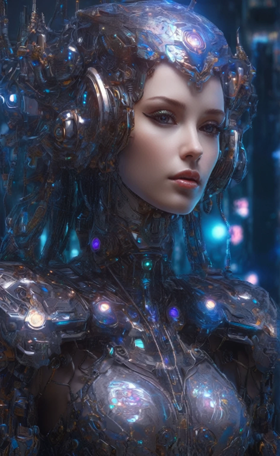 close-up of a woman with a futuristic headdress and a futuristic dress, portrait of a cyborg queen, portrait of a beautiful sci-fi girl, cyberpunk robot elf queen, красивая cyborg girl, cyborg goddess in cosmos, Beautiful cyborg priestess, beautiful android woman, Highly detailed 4K digital art, portrait of an android woman, cute cyborg girl, cyborg girl