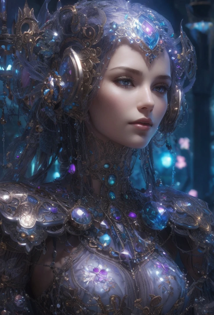 Realism, painting, Fantastic fairy tale, fantastic style, John Tolkien style, small painting by Jean-Baptiste Mo, Close-up. Diamonds + glass beads +beads+ filigree jewelry+ Lush large open female bust + lack of clothes + sensual princess Rapunzel + cleavage + the thinnest transparent lavender tulle, with a lively natural structure of dry skin and pores, mystical morning lighting, a book image in the RPG genre, an image from "Dungeons and Dragons", a fantasy image.