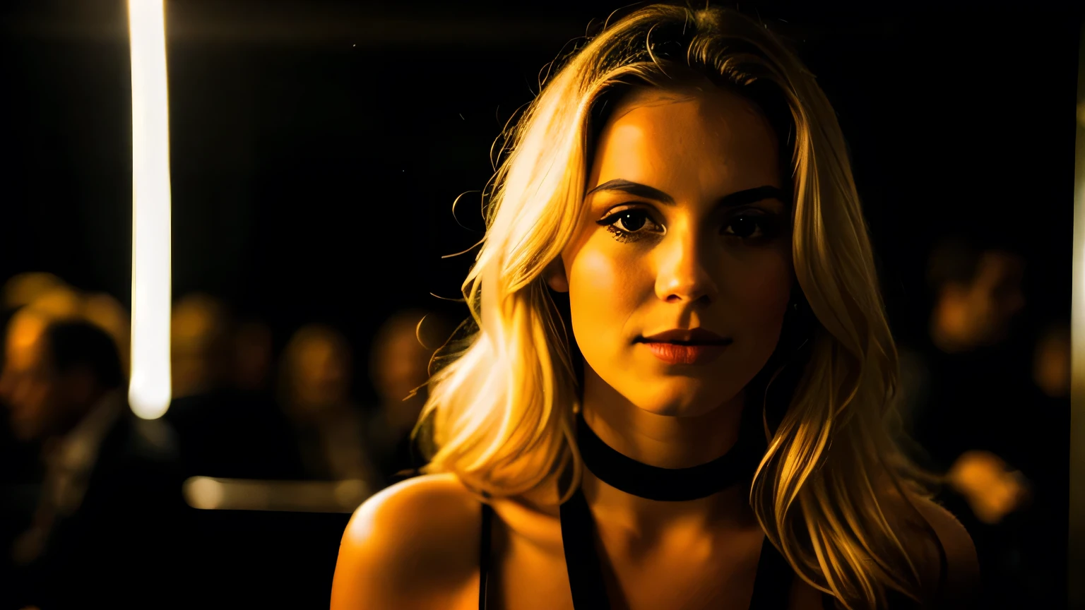 Photo of a woman in a club late at night, (erotischer Gesichtsausdruck), strukturierte Haut, , blonde schulterlange Haare, dunkle, perfekte Augen, (Kerzenlicht,Chiaroscuro), 160-Farben-Halter, gedreht mit ARRI ALEXA 65, bokeh, scharfer Fokus auf das Motiv, gedreht von Don McCullin,