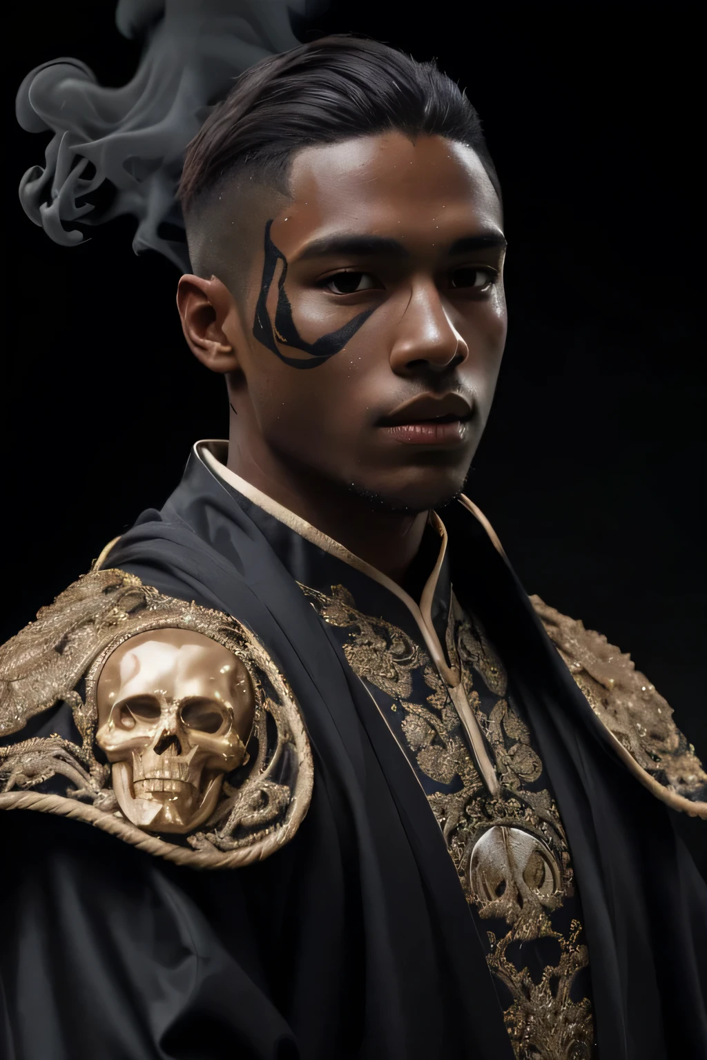 male soccer player standing sideways, black skin, caramel hair, parted hair, parted sideways straight hair, wearing elaborate robe.half-body-shot, masterpiece, perfect face, intricate details,  surrounded by black smoke, parted hair, preppy style hair, caramel color hair