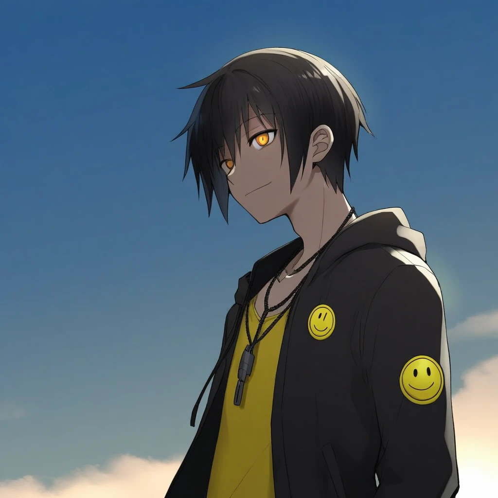 curtained hair, black hair, tsurime, smiley, male, brown eyes, jaqueta preta, camisa preta, neck chain, alone, sky