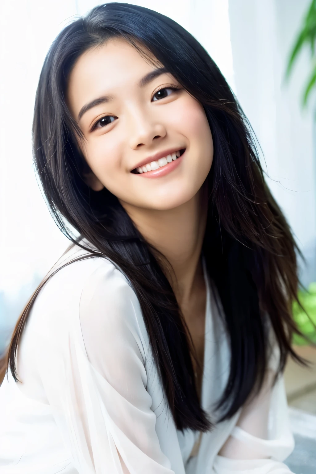 ((highest quality)), ((masterpiece)), (detailed), Perfect Face、White clothes、Black Hair、Long Hair、smile