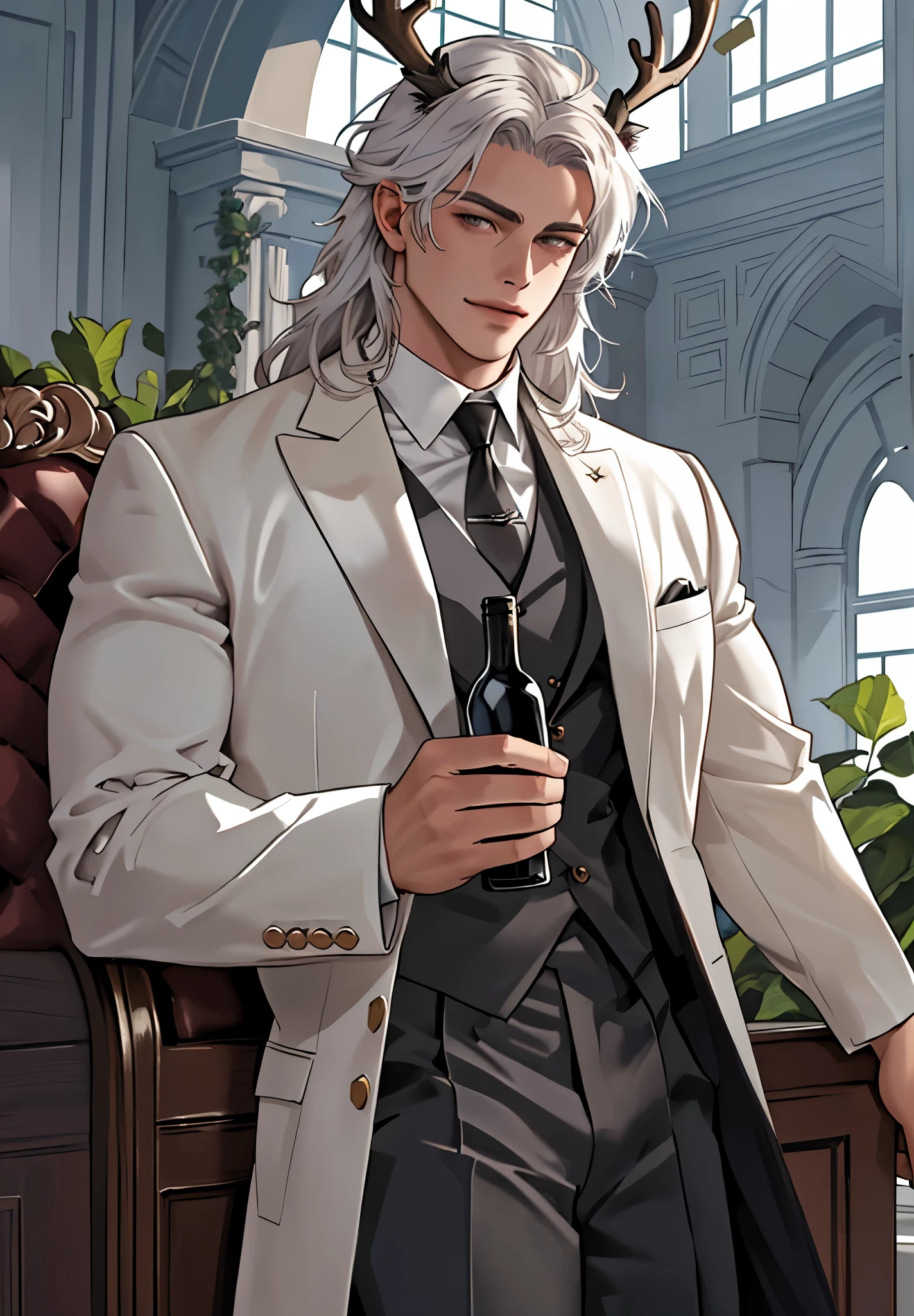 Close up, there is a young boy with deer horns that is standing at the castle, commission for high res, sfw version, anthropomorphic, highly detailed full body, (sfw) safe for work, strong and imposing, detailed full body, muscular character, extra detailed body, macho pose, body detailed, (looking at the viewer), long white hair, wearing butler outfit, huge crotch, butler, holding the bottle of wine, confident face, White gray eyes, deer horns, plants around, full of plants, Wearing a monocular.