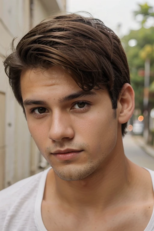 Create a photo of a 19 year old boy, de piel blanca, with short brown hair, ojos miel, mas barba y cuerpo atletico