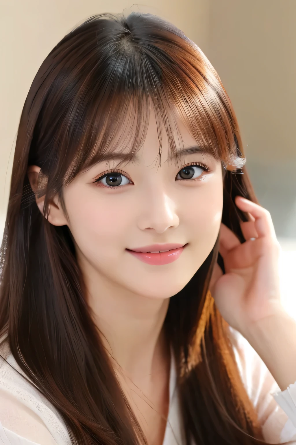 (((8k,Attention to detail,Attention to detail、highest quality,masterpiece,Attention to detail,alone))),RAW Photos & Realistic atmosphere,Beautiful dark eyes,Mouth Details,Glossy Lips,Thin eyebrows,beautiful Eyes、Soft white skin that shines in every detail、Her deep black eyes are very beautiful,Lip details、Very beautiful face,Very beautiful face、Lively Faces,beautiful, Glowing Lips,beautiful Eyebrows,Infinite Reality, Realistic Young Gravure Idol,Very cute woman , Young Gravure Idol, Young Gravure Idol, とても美しくてかわいいbeautiful 21 year old beauty,Incredibly beautiful and elegant,beautiful 21 year old beauty,Natural soft light,(Shiny Hair,,beautiful and kind eyes:1.5),A kind smile,Shapely breasts,Medium Long Hair,Tying up hair,beautiful posture,No makeup,Watching the Future,Red Shirt,