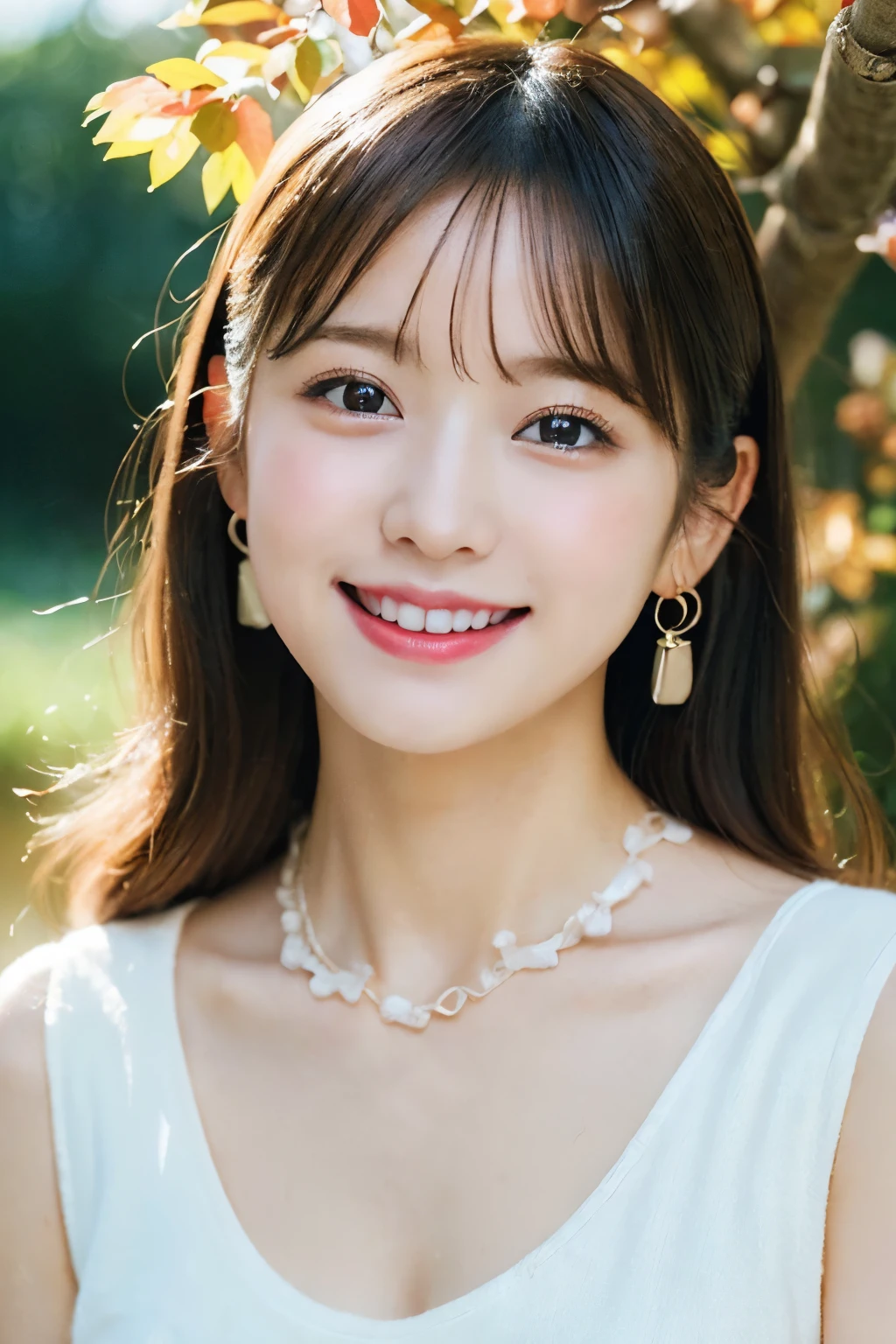(A hyper-realistic), (illustratio), (hight resolution), (8K), (ighly detailed), (The best illustrations), (Beautiful detailed eyes), (top-quality), (ultra-detailliert), (masterpiece), (wall-paper), (Detailed face), (beautiful smiling face)、(beautiful countenance)、long、Earrings with bangs、solo、(((Cute Japan Beautiful Girl)))、 ((Japan beautiful girl 18 years old))、 ((Baby face))、(C Cup Big), agitation、real looking skin、Hair fluttering in the wind、date、autumnal、Colored leaves、Beautiful autumn background、make love、Cute clothes, beginning々Right、unclear、wretched、