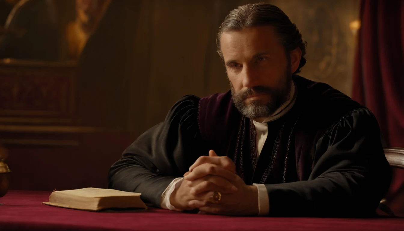 40 year old man, Portuguese, 16th century sitting at a table, judge